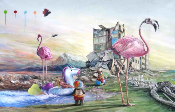 Jonathan Ouisse, Flamingos, peinture sur toile, 200 x 130 cm