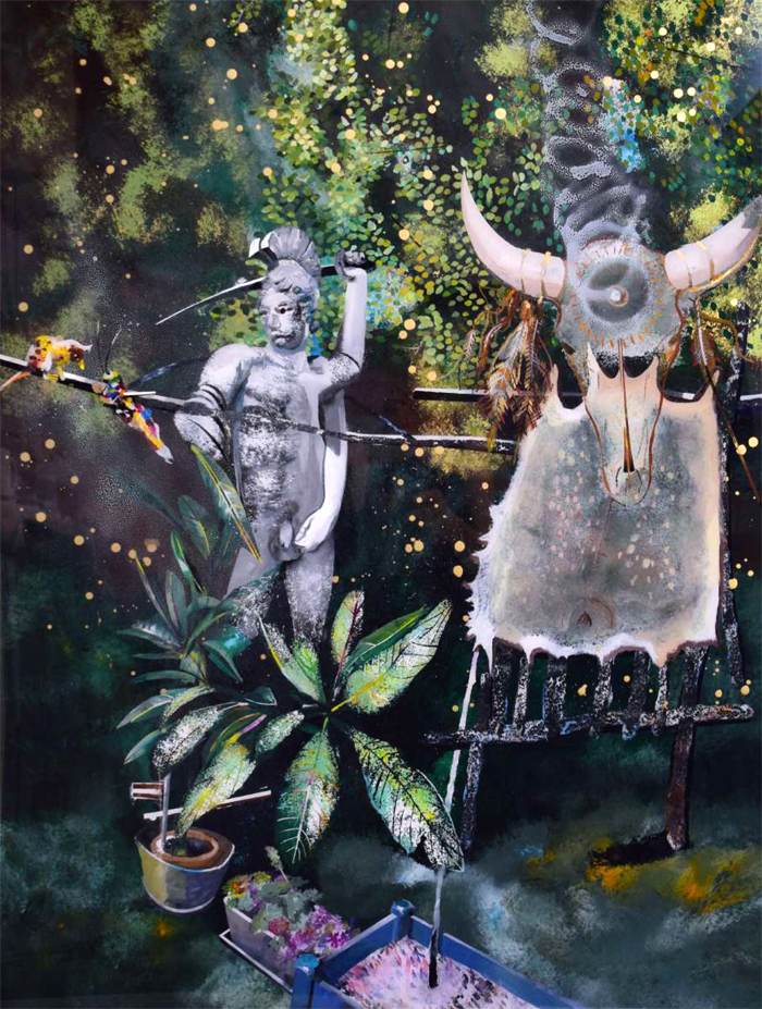 Muriel Rodolosse, Le jardin des orgueilleux 2, peinture inversée sous Plexiglas, 130 x 100 cm, 2020