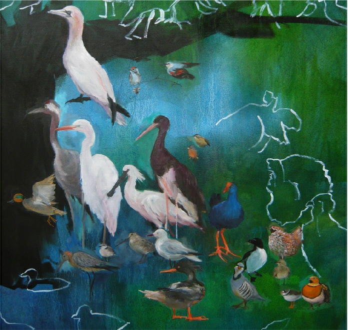 Sandrine Rondard, détail du travail en cours de :La Liste ou Grand diptyque aux Oiseaux, 2 panneaux de 195 x 130 cm chacun, huile sur toile, 2018