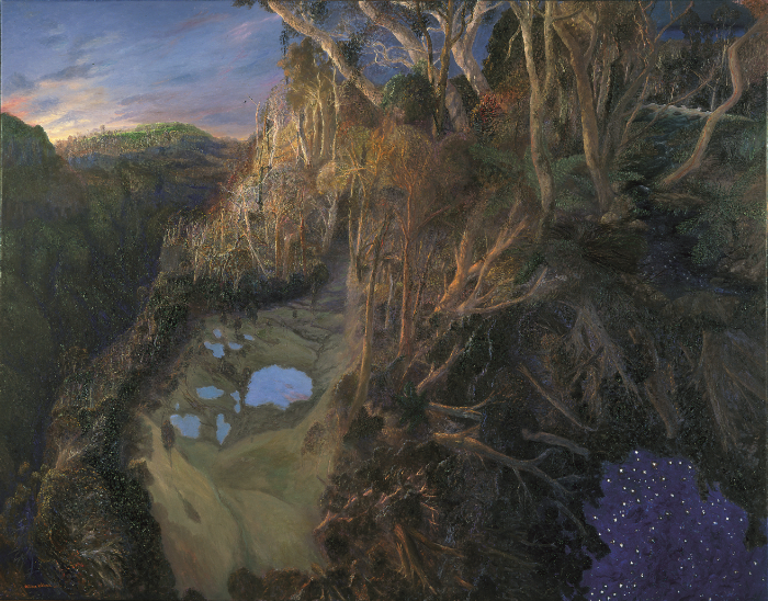 William Robinson, Les  étangs  bleus,  de  Springbrook  à  Beechmont.   2000   Huile  sur  toile  206.5  x  263  cm   Collection  de  l’Université  de  Technologie  du   Queensland  (QUT)